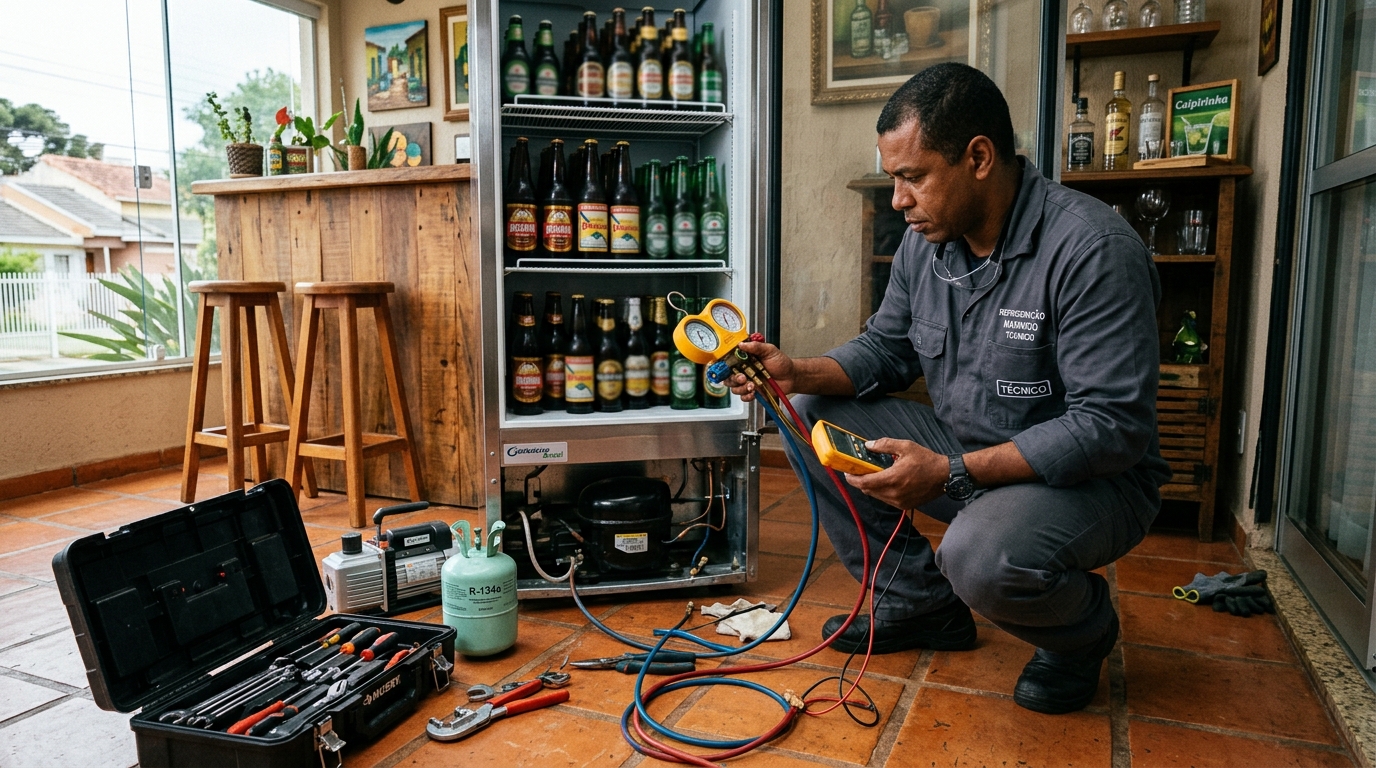 Técnico realizando manutenção de motor de cervejeira em Cuiabá‑MT