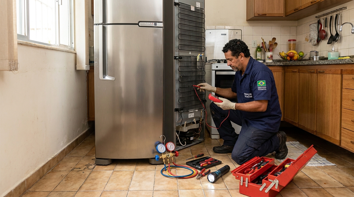 Técnico realizando manutenção de motor de geladeira em Cuiabá‑MT